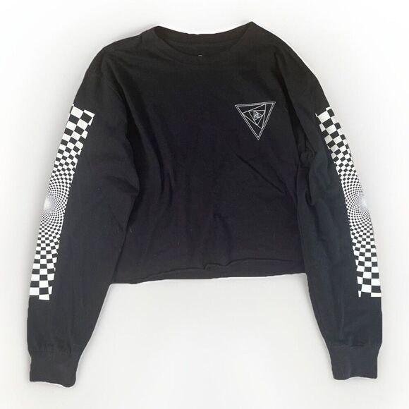 Original Use Women XS Boxy Cropped Long Sleeve T-Shirt Black Geometric Checkered - Picture 2 of 7